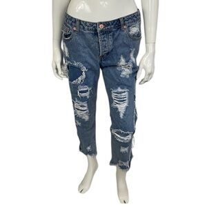 Caffeine Blue Medium Wash High Rise Distressed Denim Cropped Boyfriend Jeans  L